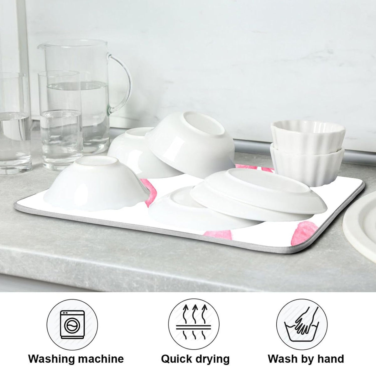 Light Pink Bows Watercolor Dish Drying Mat Absorbent Dishes Drainer Rack Mats Microfiber Reversible Dish Drying Pad Fast Dry Kitchen Accessories 16x18in For Kitchen Counter