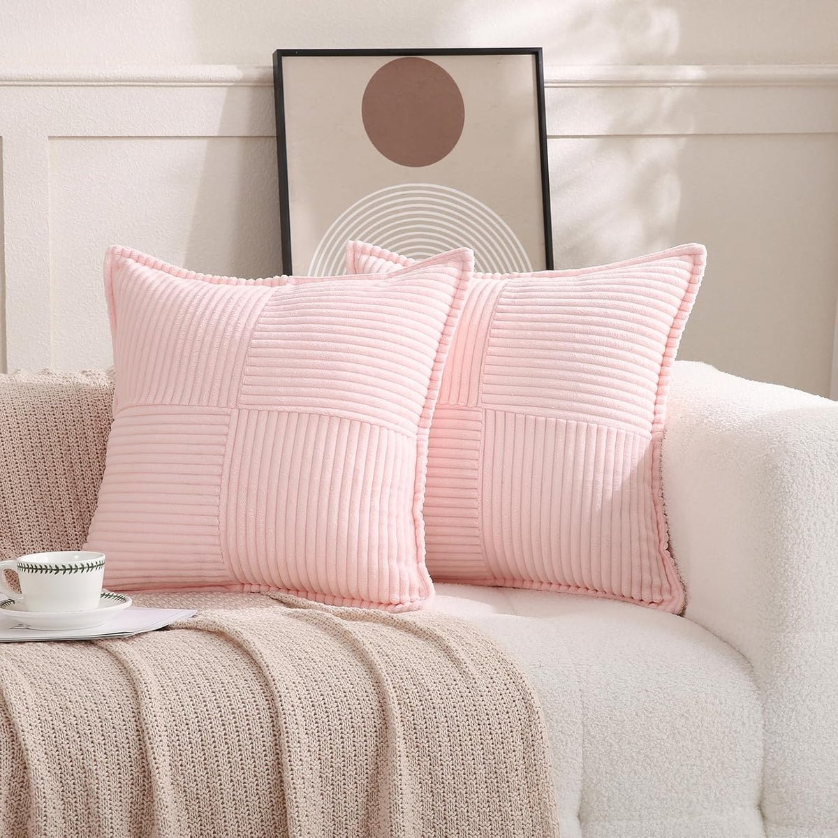 Light Pink Corduroy Throw Pillow Covers 16×16 Inch Set of 2
