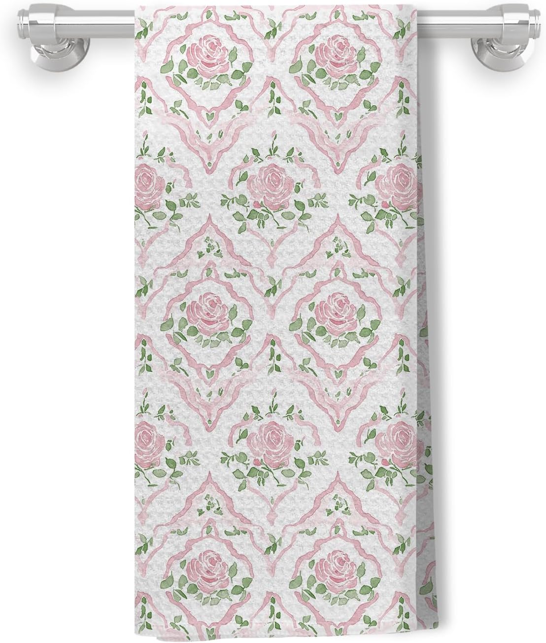 Grandmillennial Pink Rose Floral Kitchen Dish Towels, Pastel Pink and Green Botanical Flower Decorative Hand Towels for Bathroom Kitchen, Floral Bathroom Decor, 16x24 Inch