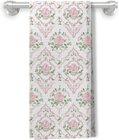 Grandmillennial Pink Rose Floral Kitchen Dish Towels, Pastel Pink and Green Botanical Flower Decorative Hand Towels for Bathroom Kitchen, Floral Bathroom Decor, 16x24 Inch