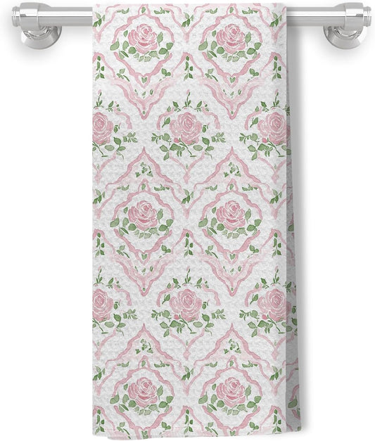 Grandmillennial Pink Rose Floral Kitchen Dish Towels, Pastel Pink and Green Botanical Flower Decorative Hand Towels for Bathroom Kitchen, Floral Bathroom Decor, 16x24 Inch