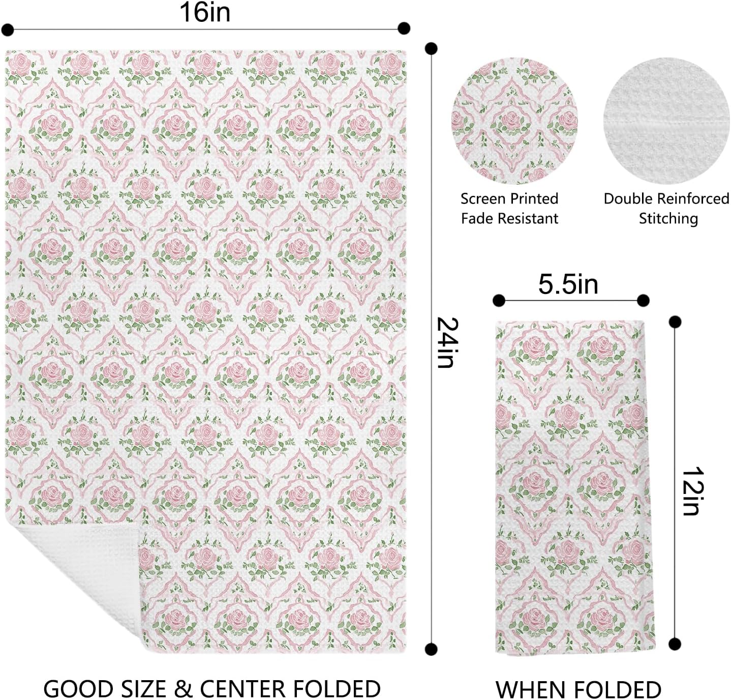 Grandmillennial Pink Rose Floral Kitchen Dish Towels, Pastel Pink and Green Botanical Flower Decorative Hand Towels for Bathroom Kitchen, Floral Bathroom Decor, 16x24 Inch