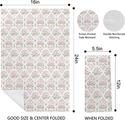Grandmillennial Pink Rose Floral Kitchen Dish Towels, Pastel Pink and Green Botanical Flower Decorative Hand Towels for Bathroom Kitchen, Floral Bathroom Decor, 16x24 Inch