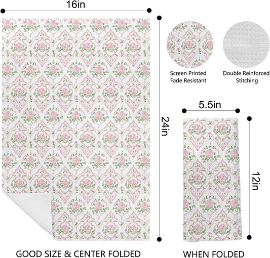 Grandmillennial Pink Rose Floral Kitchen Dish Towels, Pastel Pink and Green Botanical Flower Decorative Hand Towels for Bathroom Kitchen, Floral Bathroom Decor, 16x24 Inch