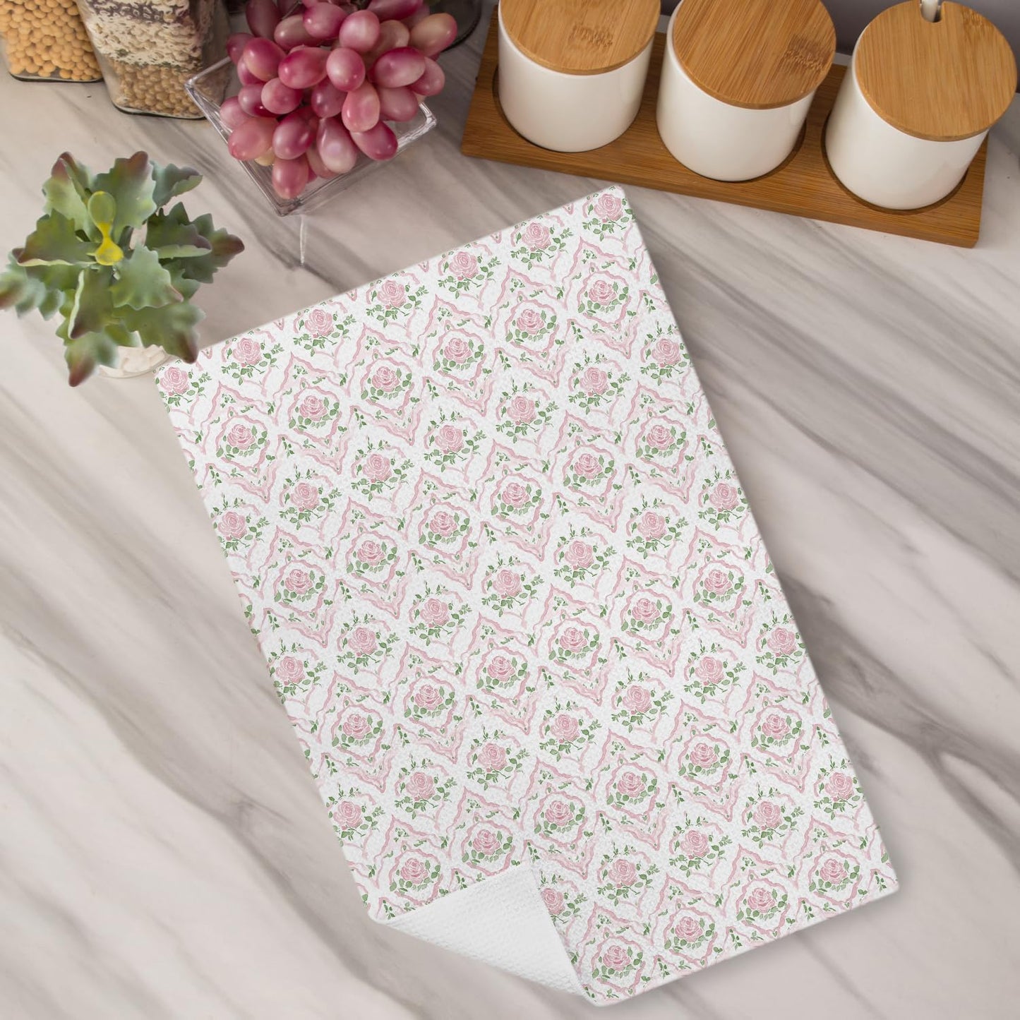 Grandmillennial Pink Rose Floral Kitchen Dish Towels, Pastel Pink and Green Botanical Flower Decorative Hand Towels for Bathroom Kitchen, Floral Bathroom Decor, 16x24 Inch