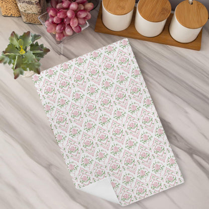 Grandmillennial Pink Rose Floral Kitchen Dish Towels, Pastel Pink and Green Botanical Flower Decorative Hand Towels for Bathroom Kitchen, Floral Bathroom Decor, 16x24 Inch