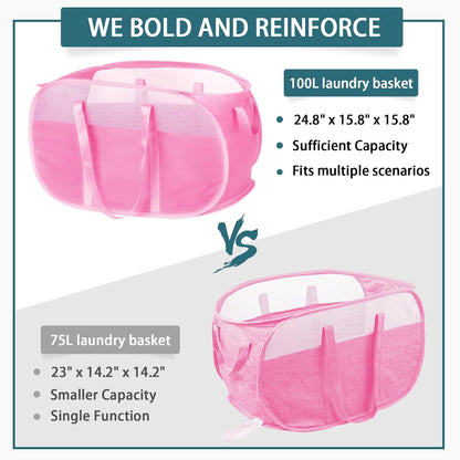 Collapsible Laundry Baskets, Tear Proof Pop Up Laundry Hamper with Dual Handles, Durable Foldable Laundry Basket, Easy to Carry Laundry Hamper for Home, Laundry Room, Bedroom, Dorm, Travel Pink