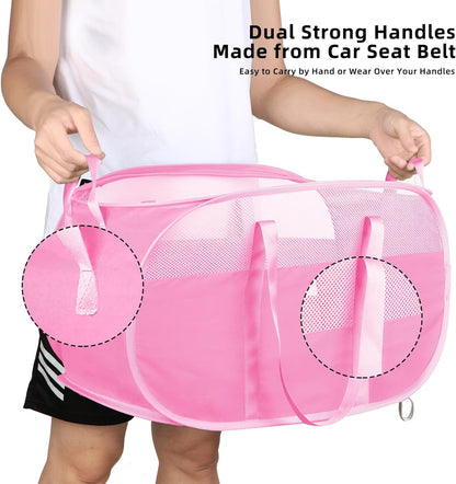 Collapsible Laundry Baskets, Tear Proof Pop Up Laundry Hamper with Dual Handles, Durable Foldable Laundry Basket, Easy to Carry Laundry Hamper for Home, Laundry Room, Bedroom, Dorm, Travel Pink
