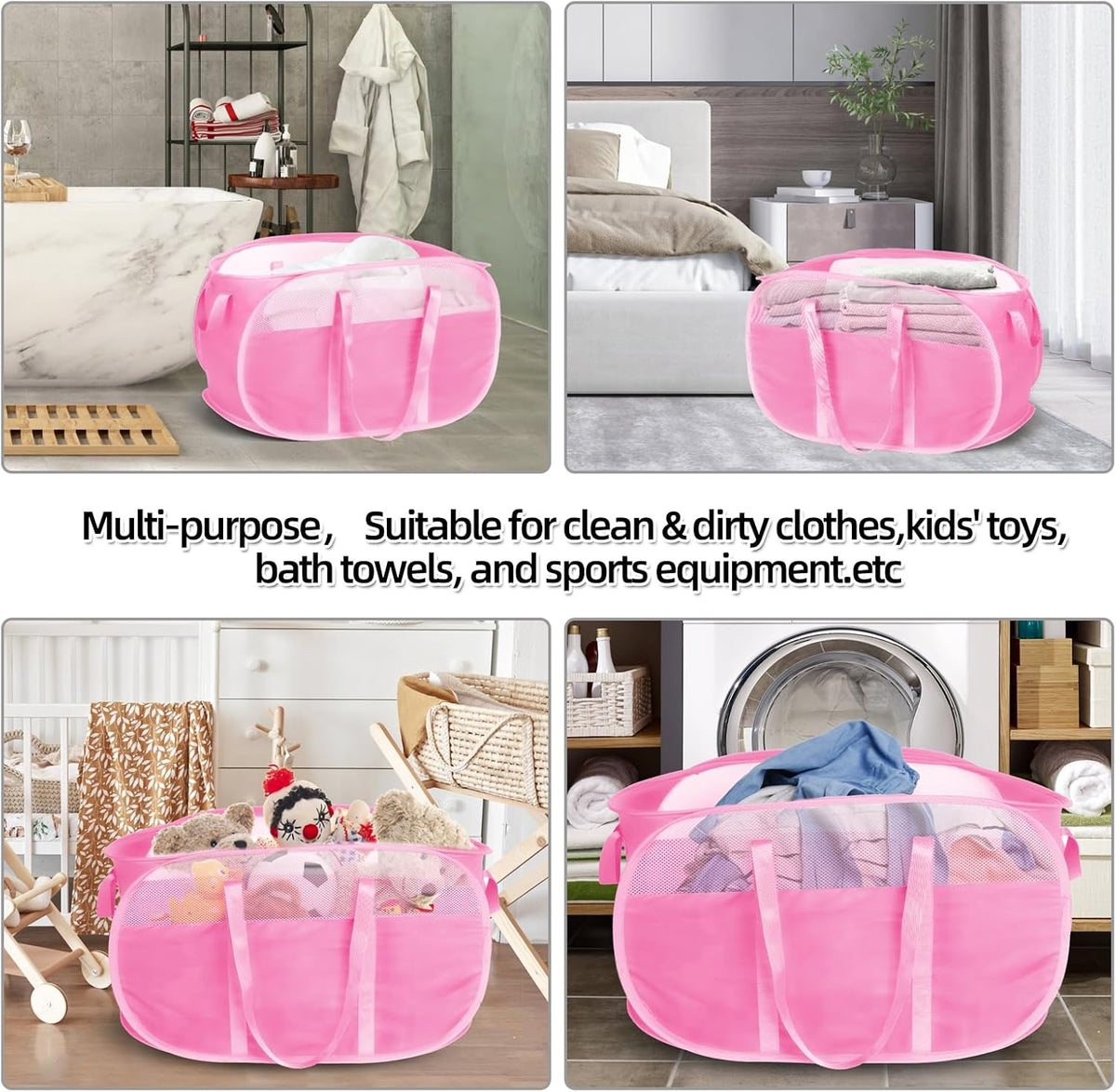 Collapsible Laundry Baskets, Tear Proof Pop Up Laundry Hamper with Dual Handles, Durable Foldable Laundry Basket, Easy to Carry Laundry Hamper for Home, Laundry Room, Bedroom, Dorm, Travel Pink