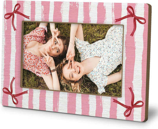 Pink Striped Bow Picture Frame 4x6, Preppy Girly Photo Frame Birthday Gifts for Women Girls Besties, Besties Friends Picture Photo Frames for Girls Room Desk Decor