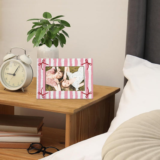 Pink Striped Bow Picture Frame 4x6, Preppy Girly Photo Frame Birthday Gifts for Women Girls Besties, Besties Friends Picture Photo Frames for Girls Room Desk Decor