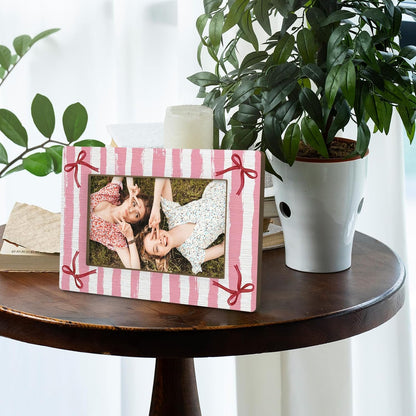 Pink Striped Bow Picture Frame 4x6, Preppy Girly Photo Frame Birthday Gifts for Women Girls Besties, Besties Friends Picture Photo Frames for Girls Room Desk Decor