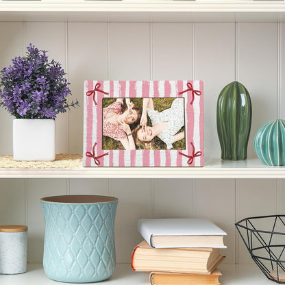 Pink Striped Bow Picture Frame 4x6, Preppy Girly Photo Frame Birthday Gifts for Women Girls Besties, Besties Friends Picture Photo Frames for Girls Room Desk Decor