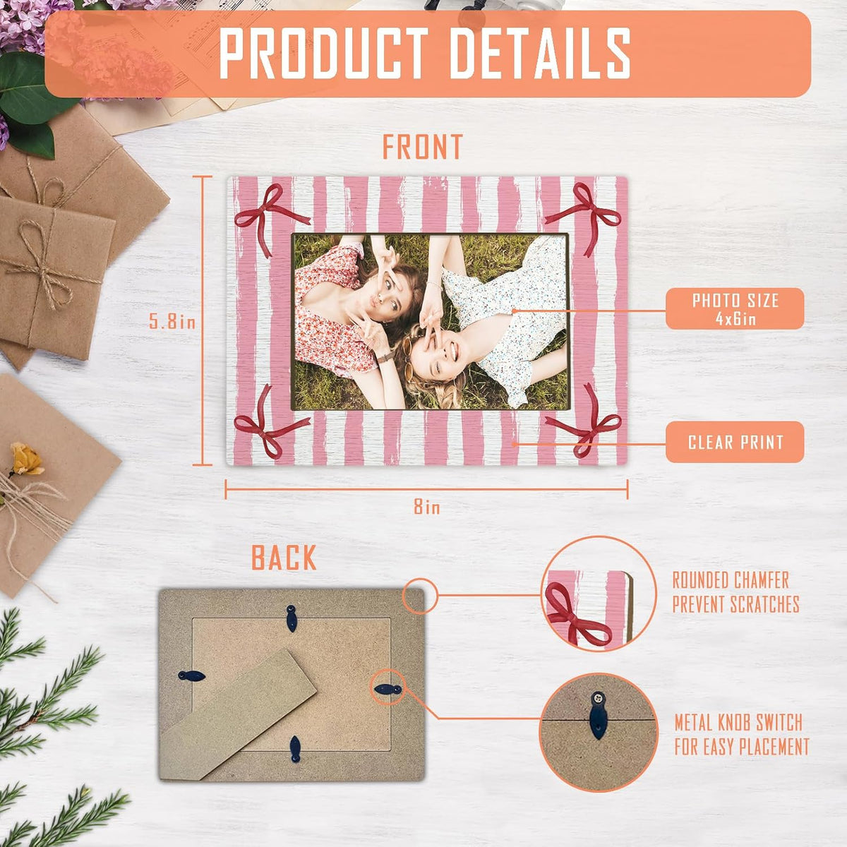 Pink Striped Bow Picture Frame 4x6, Preppy Girly Photo Frame Birthday Gifts for Women Girls Besties, Besties Friends Picture Photo Frames for Girls Room Desk Decor