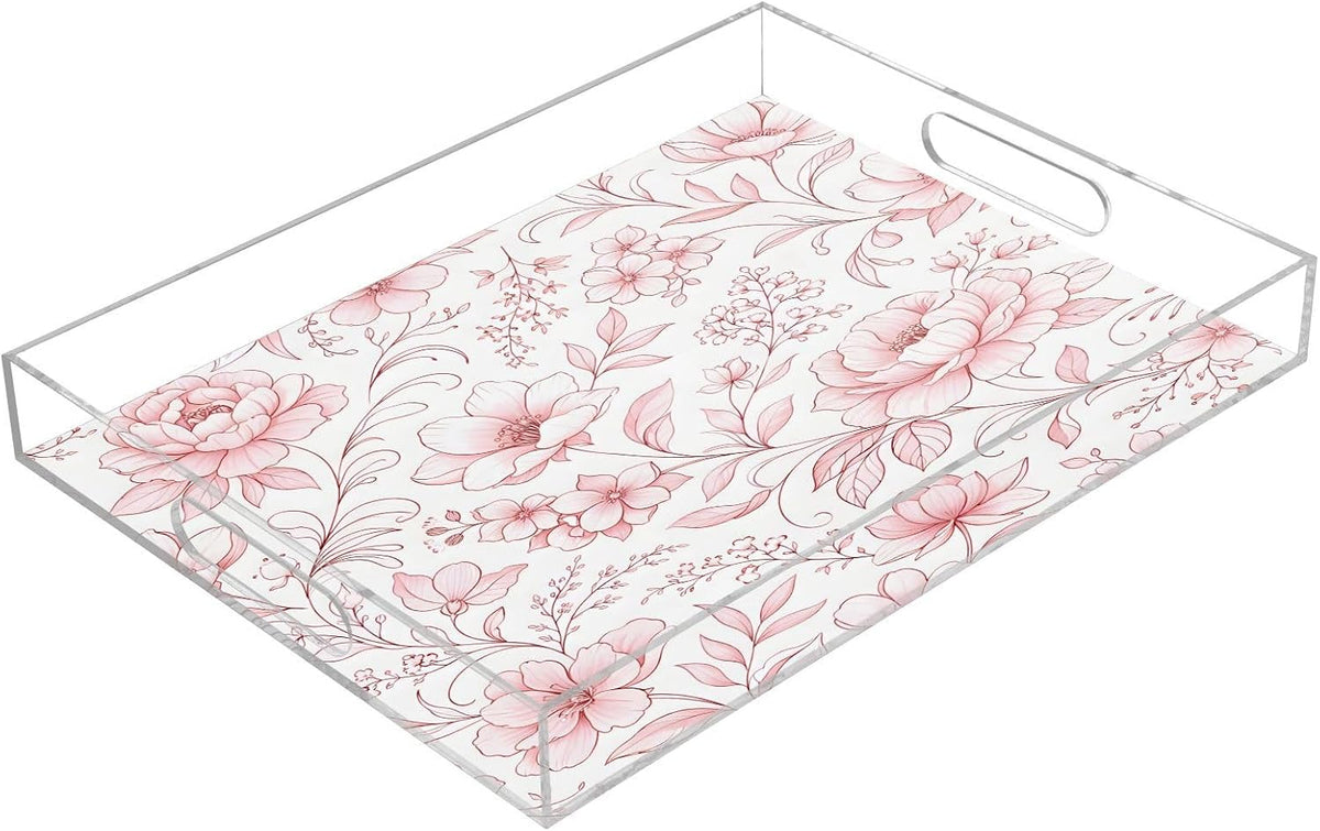 Abstract Pink Floral Serving Tray with Handles, 12x16 Inch Decorative Acrylic Tray Organizer, Multi-Purpose Sturdy Serving Platter for Coffee Table, Kitchen, Vanity, Nightstand