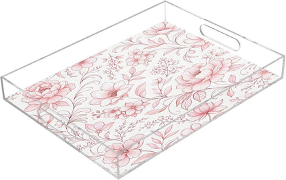 Abstract Pink Floral Serving Tray with Handles, 12x16 Inch Decorative Acrylic Tray Organizer, Multi-Purpose Sturdy Serving Platter for Coffee Table, Kitchen, Vanity, Nightstand