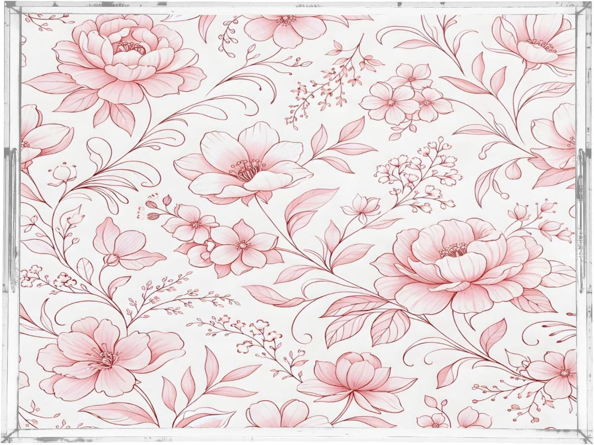 Abstract Pink Floral Serving Tray with Handles, 12x16 Inch Decorative Acrylic Tray Organizer, Multi-Purpose Sturdy Serving Platter for Coffee Table, Kitchen, Vanity, Nightstand