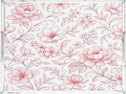 Abstract Pink Floral Serving Tray with Handles, 12x16 Inch Decorative Acrylic Tray Organizer, Multi-Purpose Sturdy Serving Platter for Coffee Table, Kitchen, Vanity, Nightstand