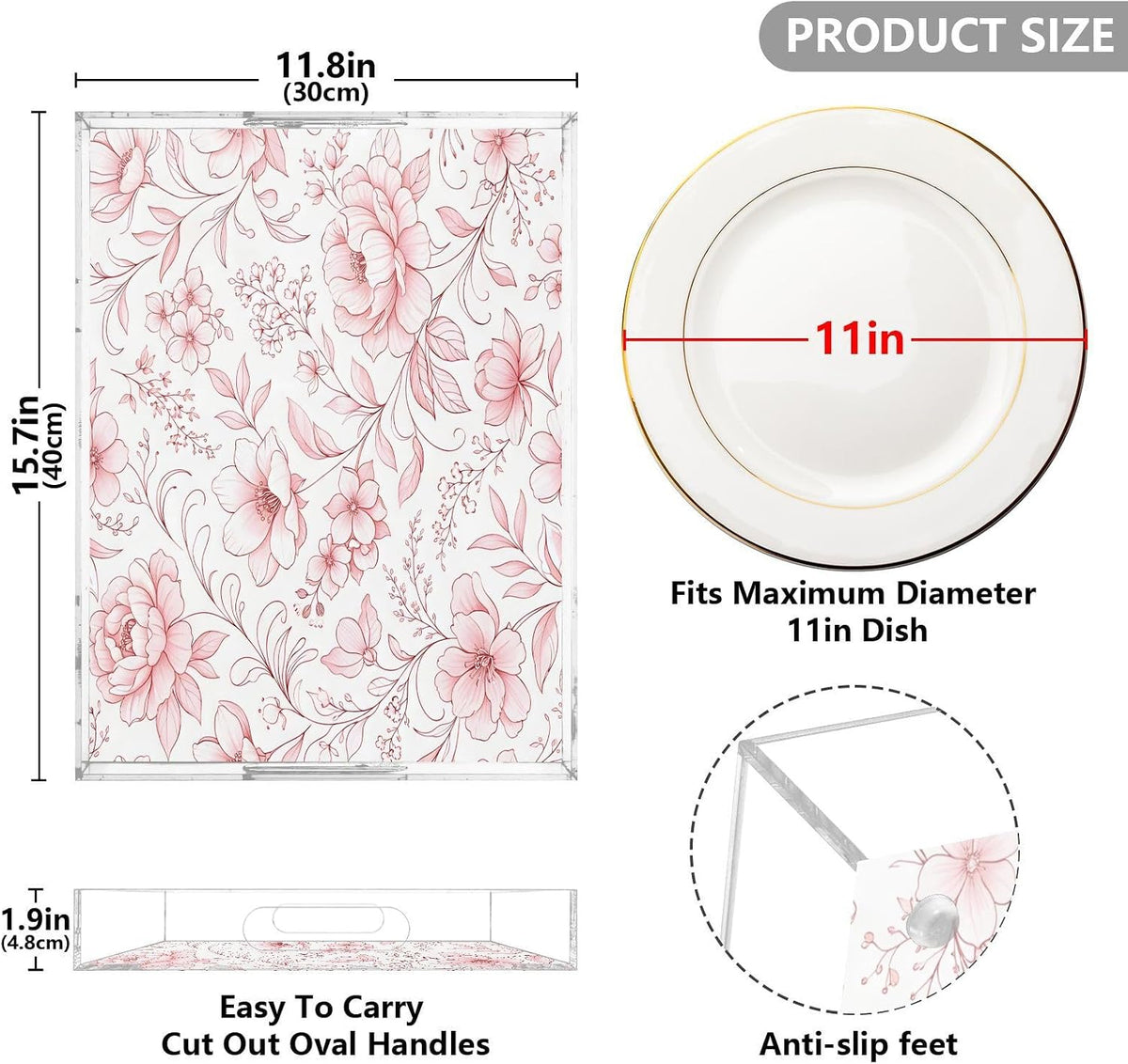 Abstract Pink Floral Serving Tray with Handles, 12x16 Inch Decorative Acrylic Tray Organizer, Multi-Purpose Sturdy Serving Platter for Coffee Table, Kitchen, Vanity, Nightstand