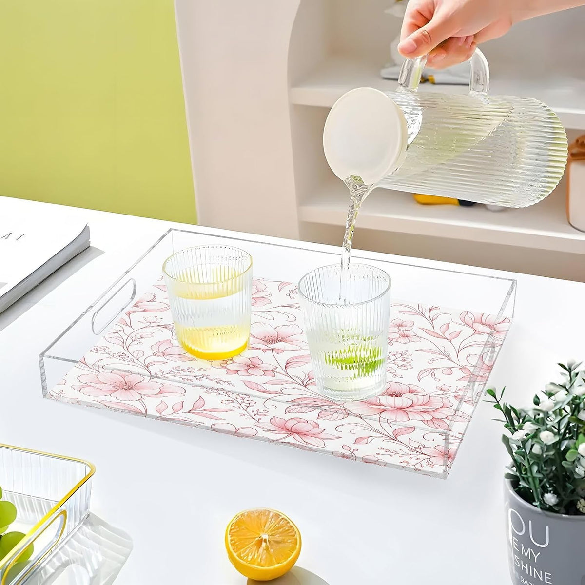 Abstract Pink Floral Serving Tray with Handles, 12x16 Inch Decorative Acrylic Tray Organizer, Multi-Purpose Sturdy Serving Platter for Coffee Table, Kitchen, Vanity, Nightstand