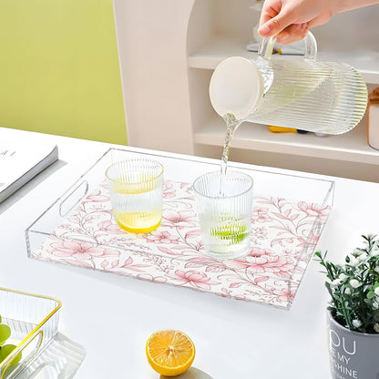 Abstract Pink Floral Serving Tray with Handles, 12x16 Inch Decorative Acrylic Tray Organizer, Multi-Purpose Sturdy Serving Platter for Coffee Table, Kitchen, Vanity, Nightstand
