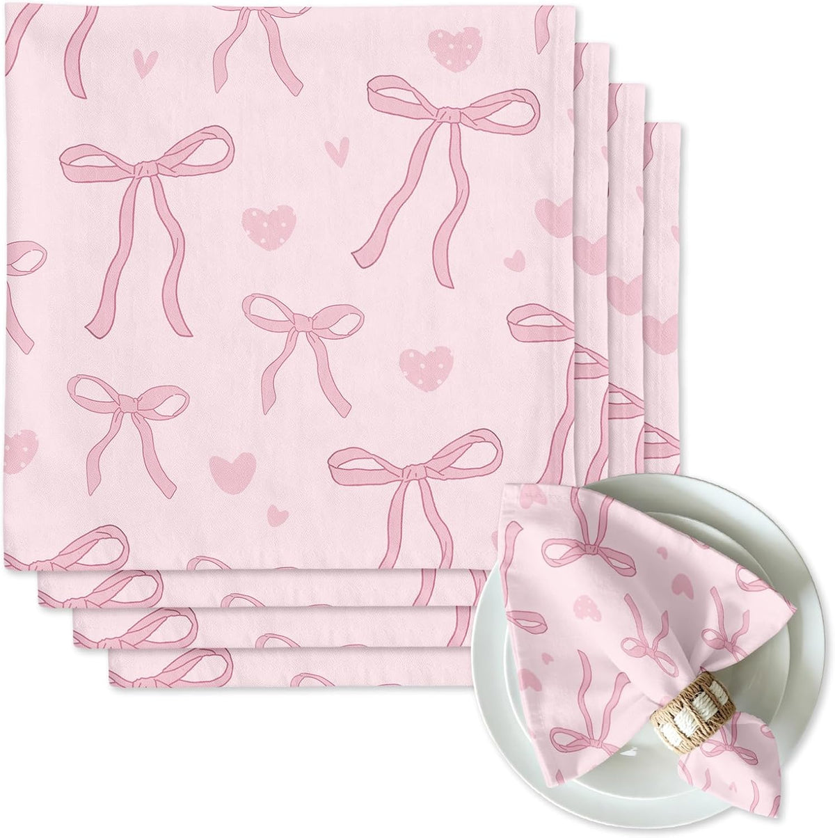 Pink Bow Dinner Cloth Napkins Set of 4, 18 x 18 Inch Washable Reusable Fabric Napkins, Gifts for Bow Lovers Girls, Bridal Shower Tea Party Kitchen Table Decor