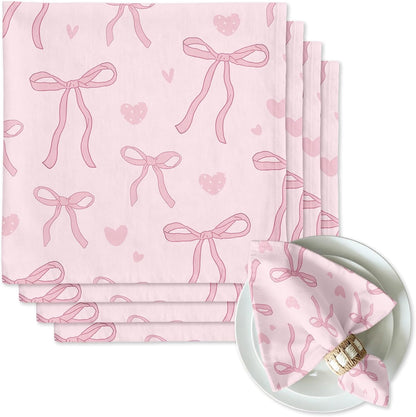 Pink Bow Dinner Cloth Napkins Set of 4, 18 x 18 Inch Washable Reusable Fabric Napkins, Gifts for Bow Lovers Girls, Bridal Shower Tea Party Kitchen Table Decor