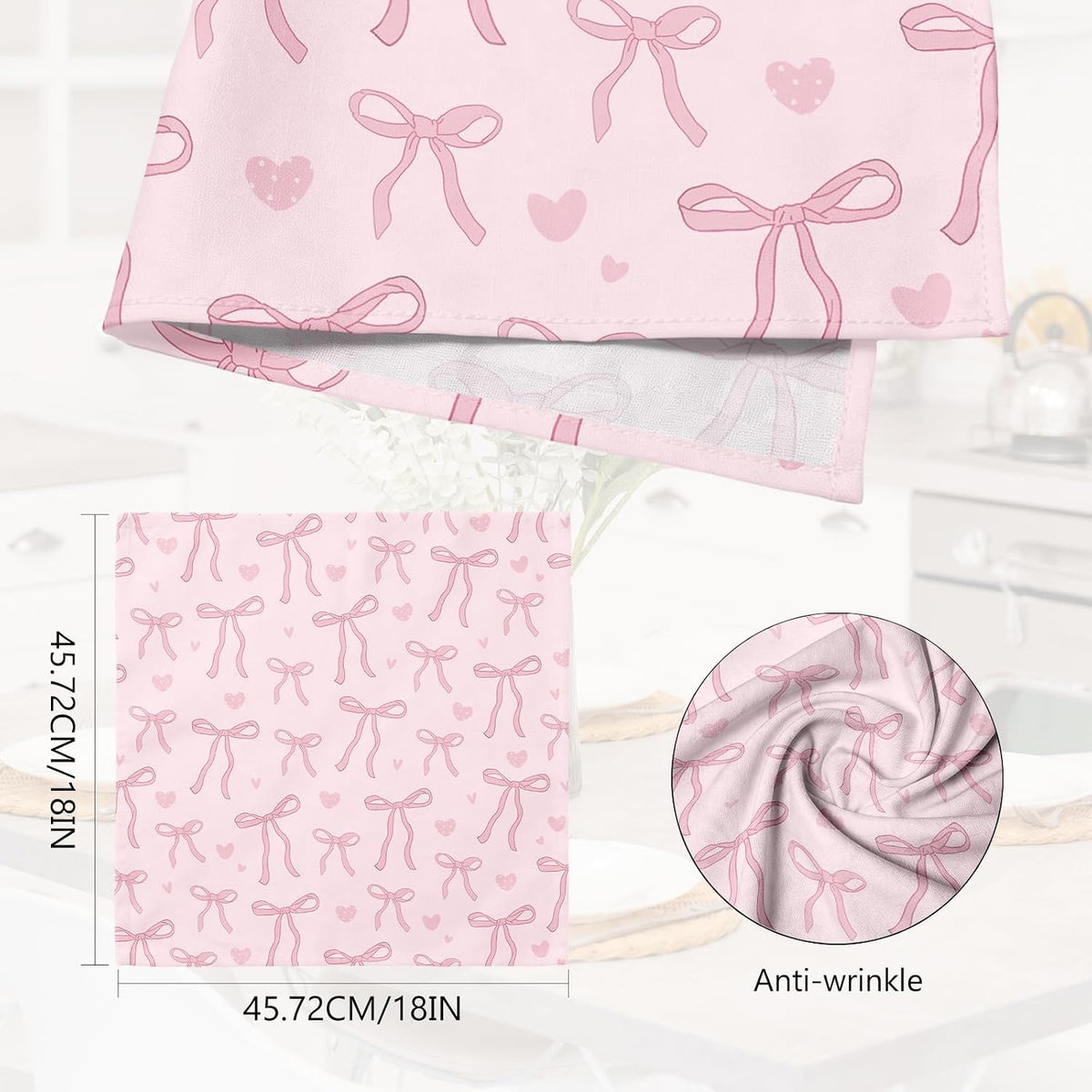 Pink Bow Dinner Cloth Napkins Set of 4, 18 x 18 Inch Washable Reusable Fabric Napkins, Gifts for Bow Lovers Girls, Bridal Shower Tea Party Kitchen Table Decor
