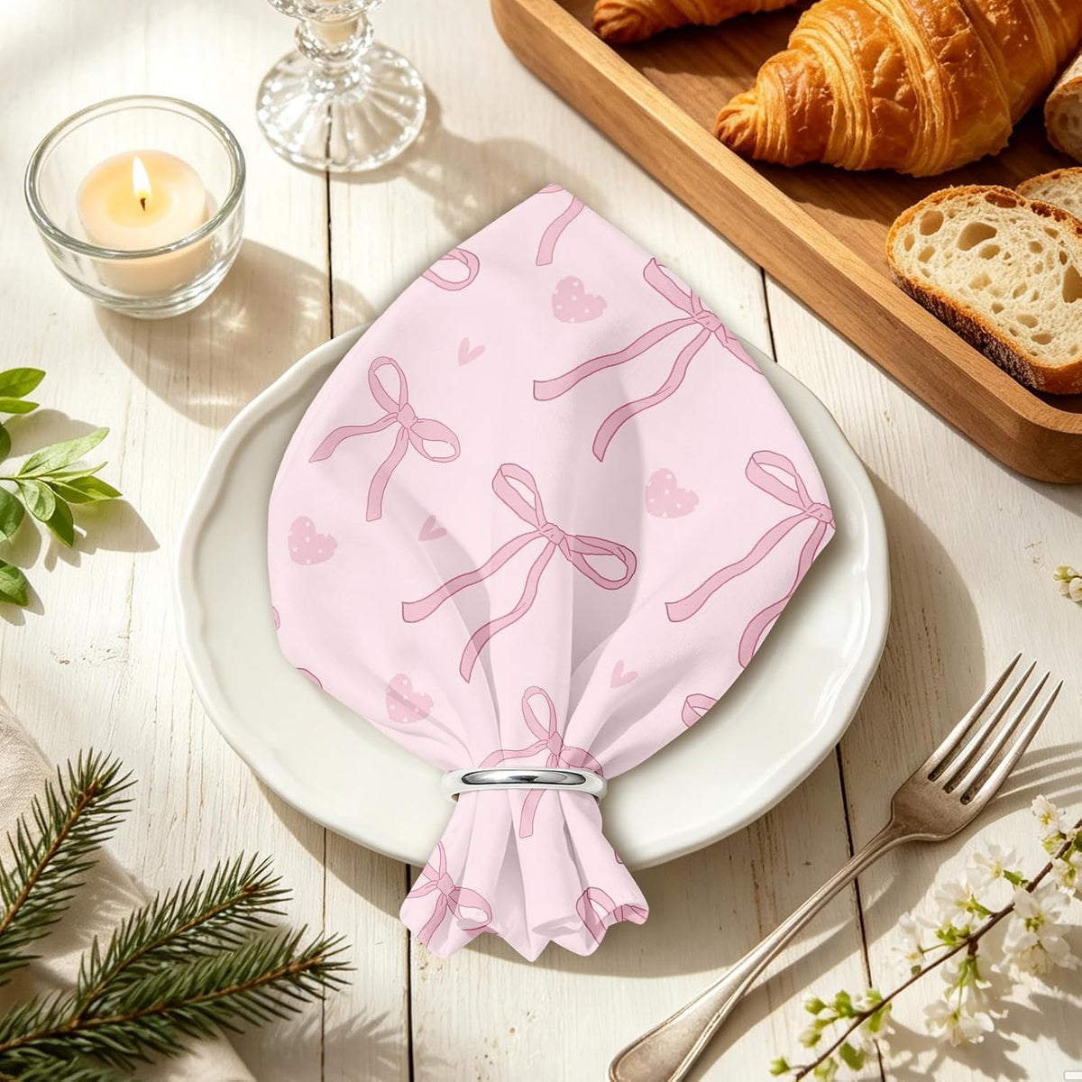 Pink Bow Dinner Cloth Napkins Set of 4, 18 x 18 Inch Washable Reusable Fabric Napkins, Gifts for Bow Lovers Girls, Bridal Shower Tea Party Kitchen Table Decor