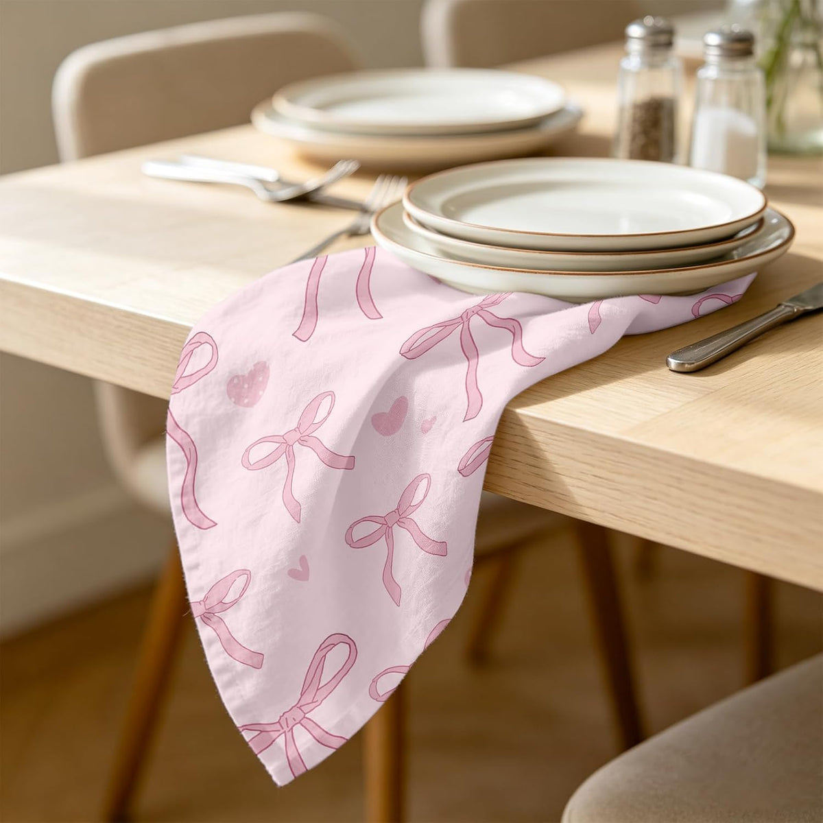 Pink Bow Dinner Cloth Napkins Set of 4, 18 x 18 Inch Washable Reusable Fabric Napkins, Gifts for Bow Lovers Girls, Bridal Shower Tea Party Kitchen Table Decor
