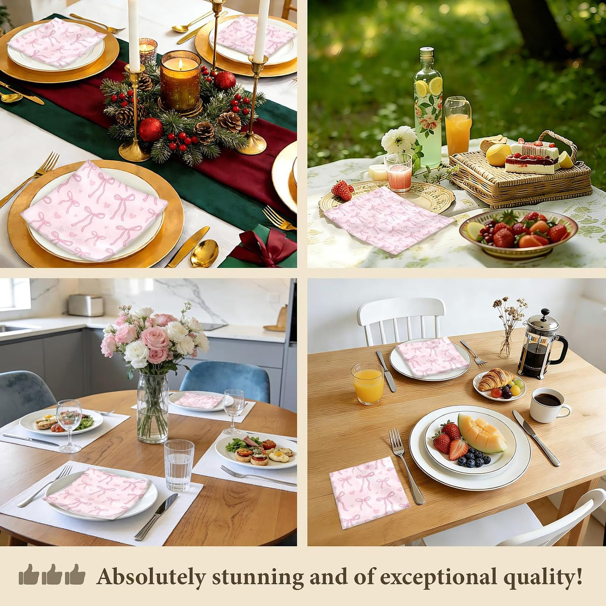 Pink Bow Dinner Cloth Napkins Set of 4, 18 x 18 Inch Washable Reusable Fabric Napkins, Gifts for Bow Lovers Girls, Bridal Shower Tea Party Kitchen Table Decor