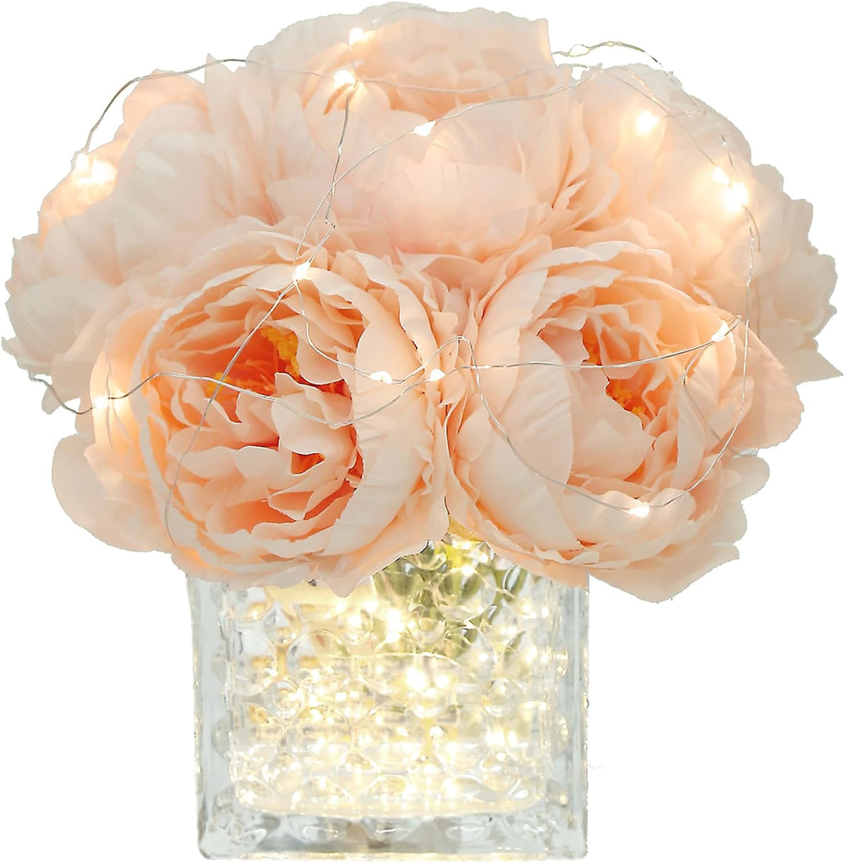 Artificial Peony Silk Flower Centerpieces with LED Light Faux Floral Arrangement in Glass Vase for Home Wedding Table Decoration (Blush Peach)