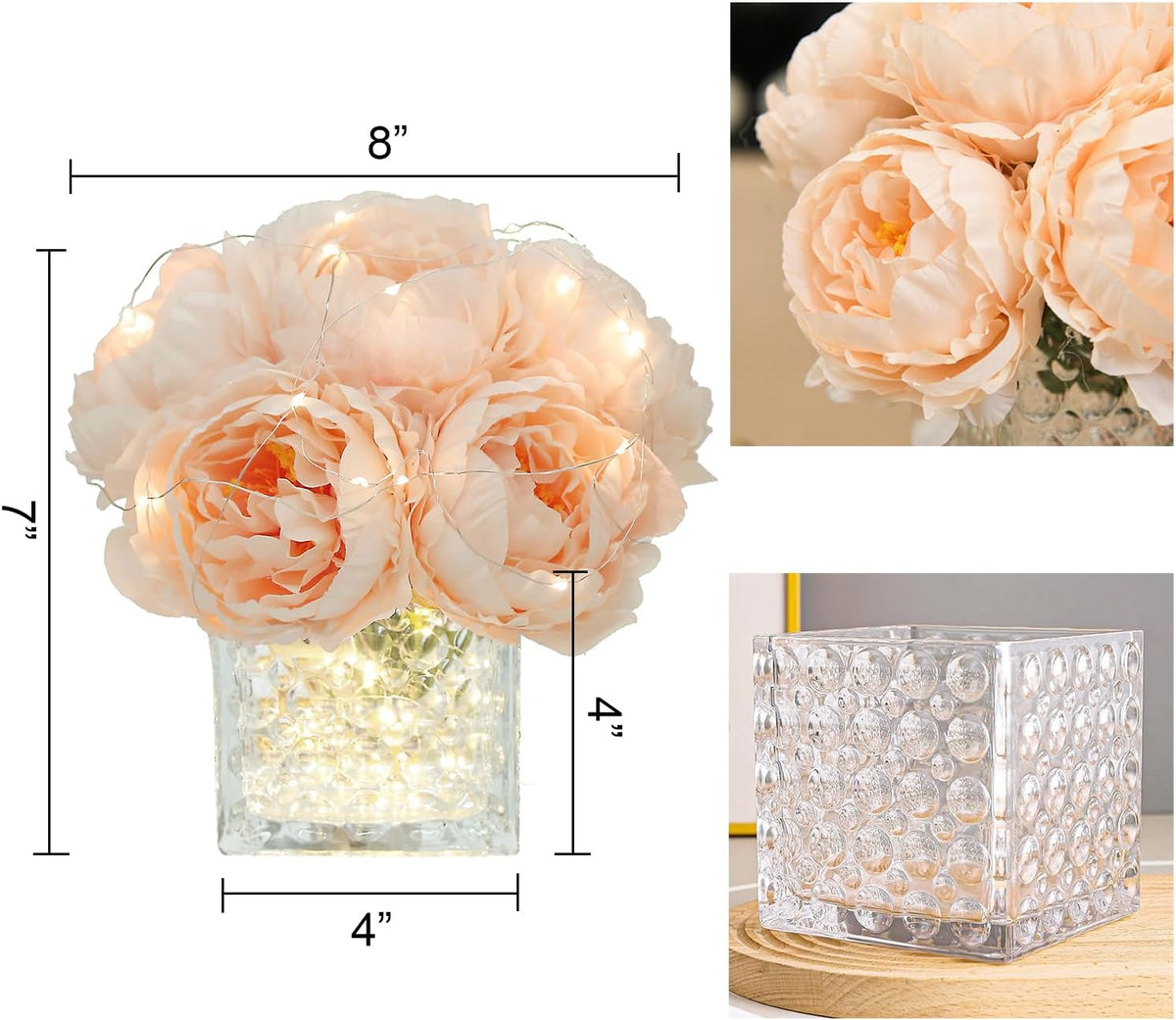 Artificial Peony Silk Flower Centerpieces with LED Light Faux Floral Arrangement in Glass Vase for Home Wedding Table Decoration (Blush Peach)