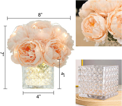 Artificial Peony Silk Flower Centerpieces with LED Light Faux Floral Arrangement in Glass Vase for Home Wedding Table Decoration (Blush Peach)