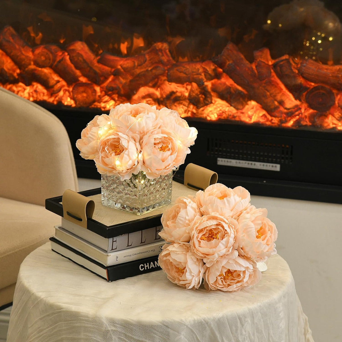 Artificial Peony Silk Flower Centerpieces with LED Light Faux Floral Arrangement in Glass Vase for Home Wedding Table Decoration (Blush Peach)