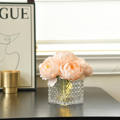 Artificial Peony Silk Flower Centerpieces with LED Light Faux Floral Arrangement in Glass Vase for Home Wedding Table Decoration (Blush Peach)