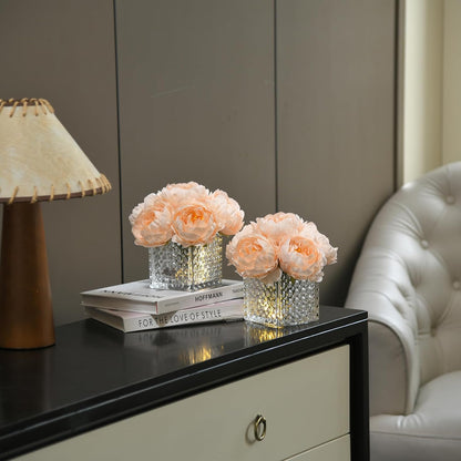 Artificial Peony Silk Flower Centerpieces with LED Light Faux Floral Arrangement in Glass Vase for Home Wedding Table Decoration (Blush Peach)