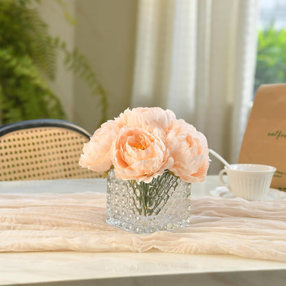 Artificial Peony Silk Flower Centerpieces with LED Light Faux Floral Arrangement in Glass Vase for Home Wedding Table Decoration (Blush Peach)