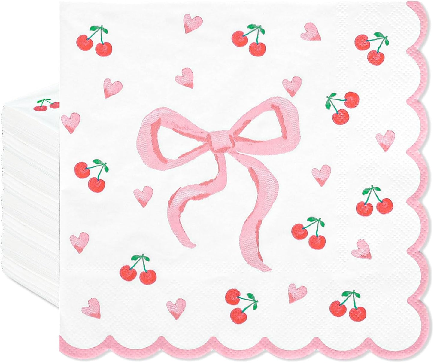 FYSUIMU 50Pcs Pink Bow Napkins Coquette Bow Cherry Heart Paper Scalloped Edge Napkin Disposable Luncheon Dinner Dessert Napkin for Valentine's Day Wedding Bridal Baby Shower Birthday Party Supplies