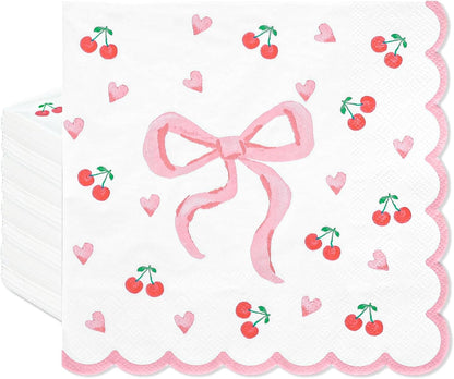 FYSUIMU 50Pcs Pink Bow Napkins Coquette Bow Cherry Heart Paper Scalloped Edge Napkin Disposable Luncheon Dinner Dessert Napkin for Valentine's Day Wedding Bridal Baby Shower Birthday Party Supplies