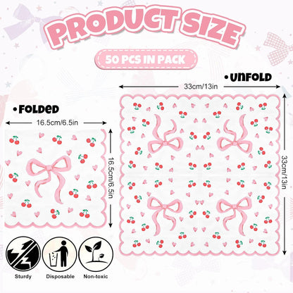 FYSUIMU 50Pcs Pink Bow Napkins Coquette Bow Cherry Heart Paper Scalloped Edge Napkin Disposable Luncheon Dinner Dessert Napkin for Valentine's Day Wedding Bridal Baby Shower Birthday Party Supplies