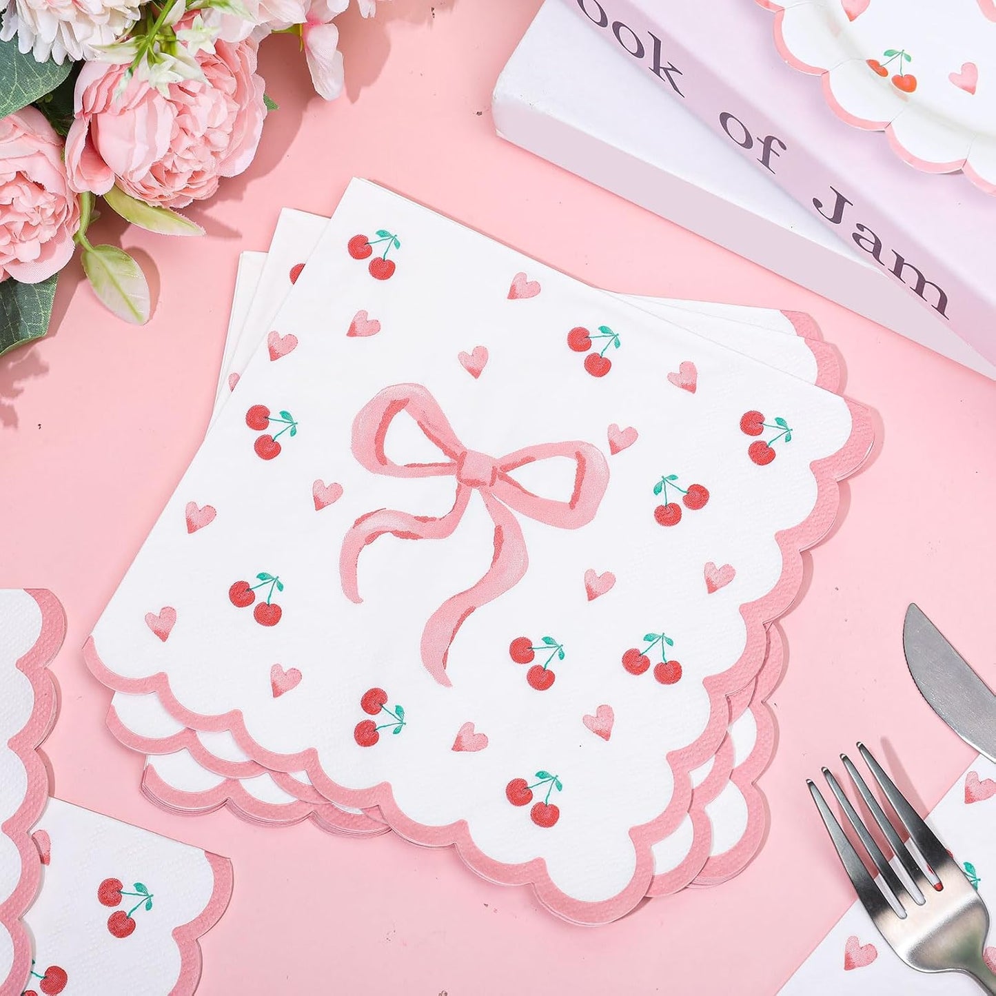 FYSUIMU 50Pcs Pink Bow Napkins Coquette Bow Cherry Heart Paper Scalloped Edge Napkin Disposable Luncheon Dinner Dessert Napkin for Valentine's Day Wedding Bridal Baby Shower Birthday Party Supplies