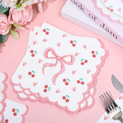 FYSUIMU 50Pcs Pink Bow Napkins Coquette Bow Cherry Heart Paper Scalloped Edge Napkin Disposable Luncheon Dinner Dessert Napkin for Valentine's Day Wedding Bridal Baby Shower Birthday Party Supplies