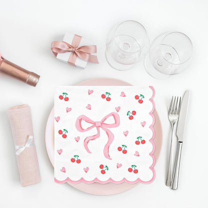 FYSUIMU 50Pcs Pink Bow Napkins Coquette Bow Cherry Heart Paper Scalloped Edge Napkin Disposable Luncheon Dinner Dessert Napkin for Valentine's Day Wedding Bridal Baby Shower Birthday Party Supplies