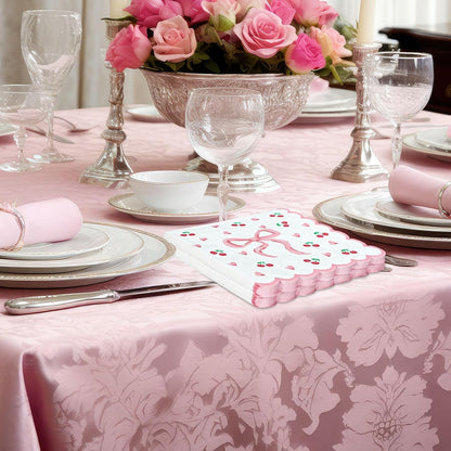 FYSUIMU 50Pcs Pink Bow Napkins Coquette Bow Cherry Heart Paper Scalloped Edge Napkin Disposable Luncheon Dinner Dessert Napkin for Valentine's Day Wedding Bridal Baby Shower Birthday Party Supplies