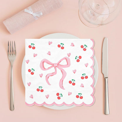 FYSUIMU 50Pcs Pink Bow Napkins Coquette Bow Cherry Heart Paper Scalloped Edge Napkin Disposable Luncheon Dinner Dessert Napkin for Valentine's Day Wedding Bridal Baby Shower Birthday Party Supplies