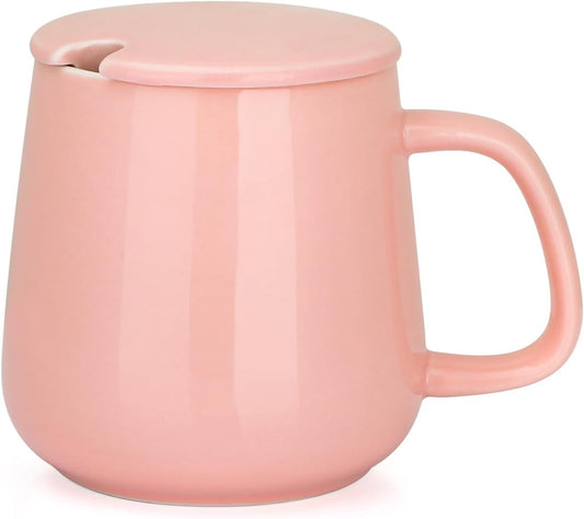 15oz Ceramic Coffee Mug with Lid and Flat-Bottom, Morning Coffee Mug for Daily Use Warming Coffee & Tea (Pink)
