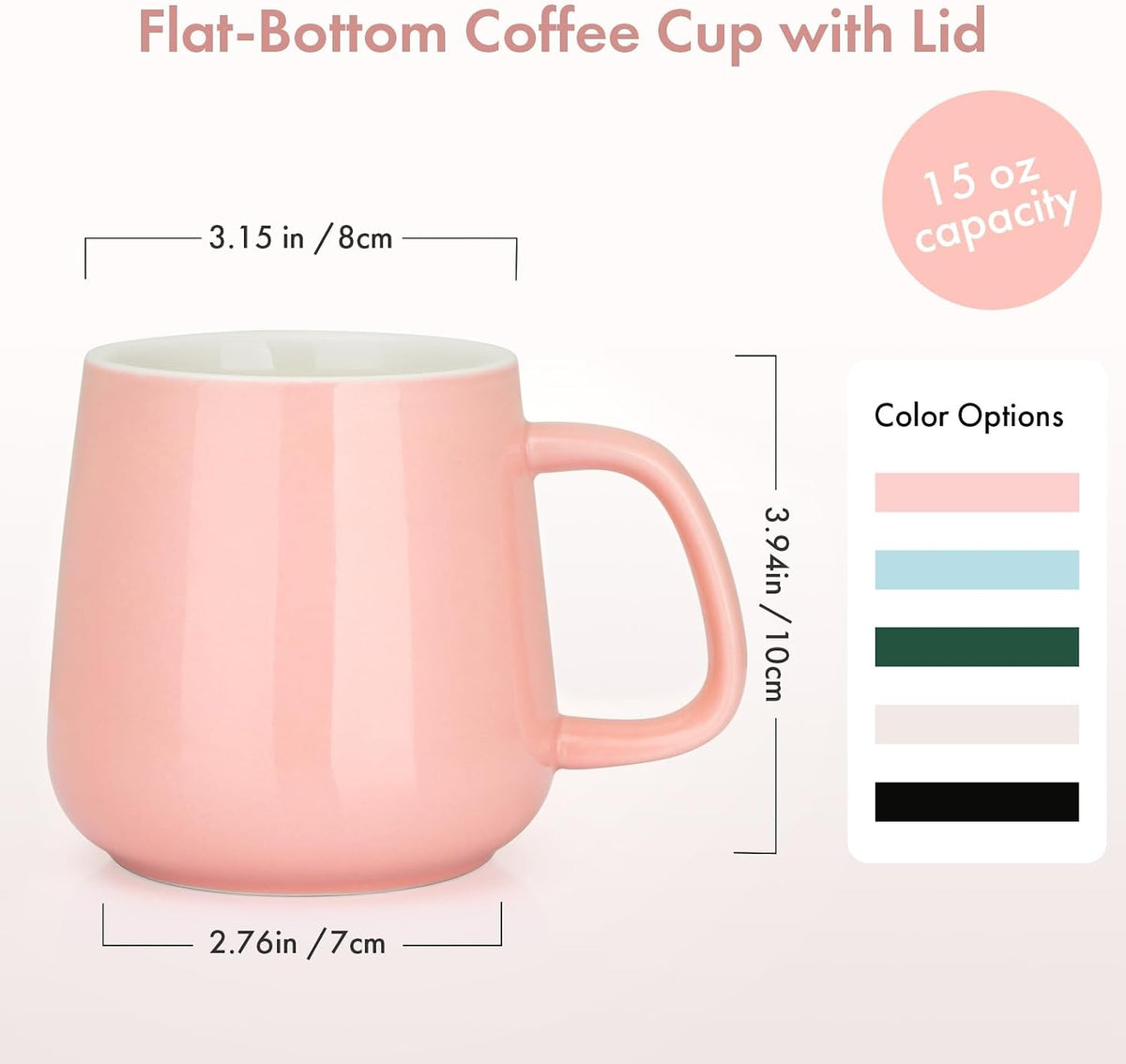 15oz Ceramic Coffee Mug with Lid and Flat-Bottom, Morning Coffee Mug for Daily Use Warming Coffee & Tea (Pink)