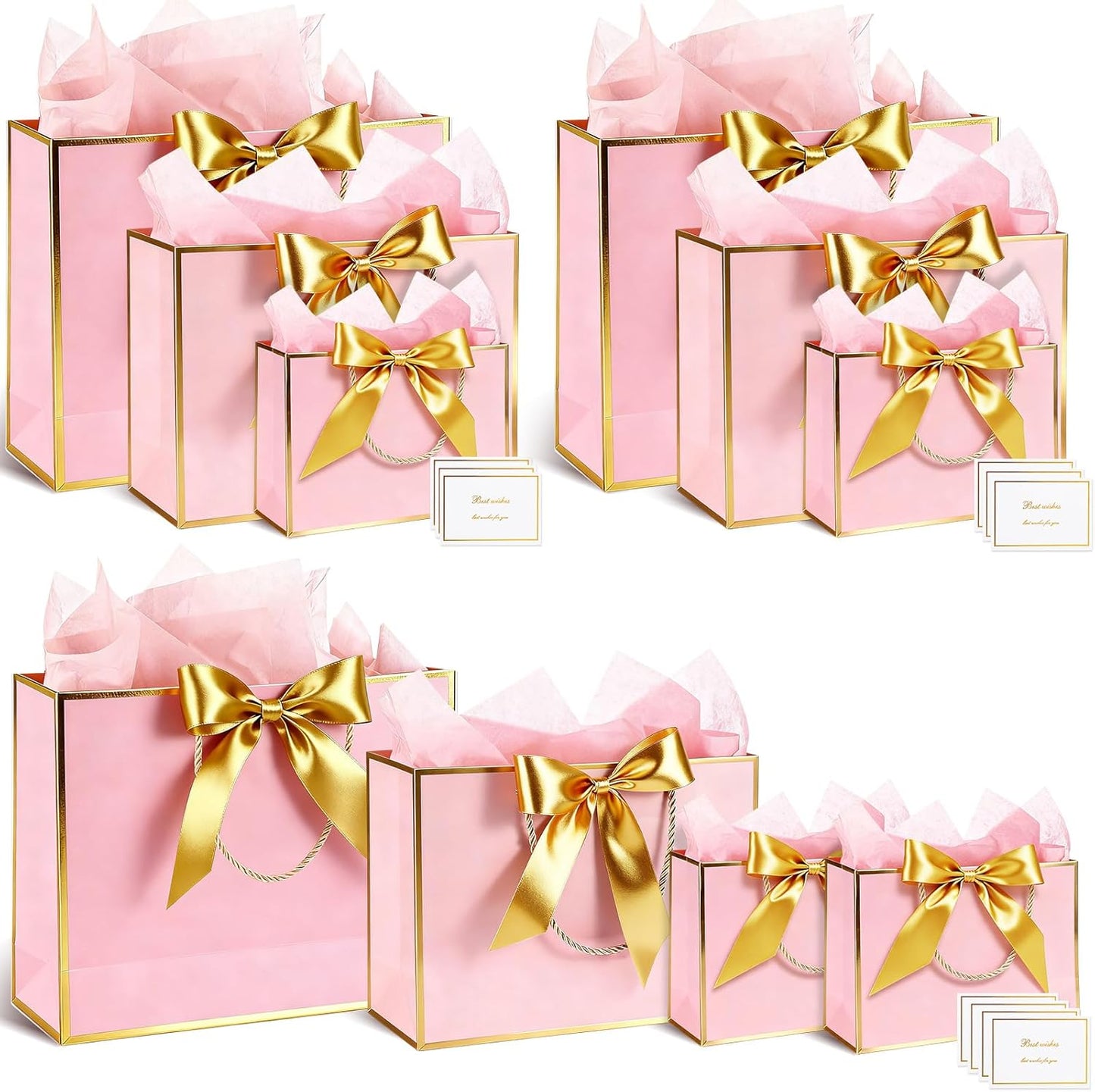 10 Set Pink Gift Bags Assorted Sizes with Ribbon Greeting Card Tissue Paper (3 Large 12.6", 3 Medium 11", 4 Small 7.5") Luxury Paper Gift Bags for Women Wedding Birthday Anniversary Graduation