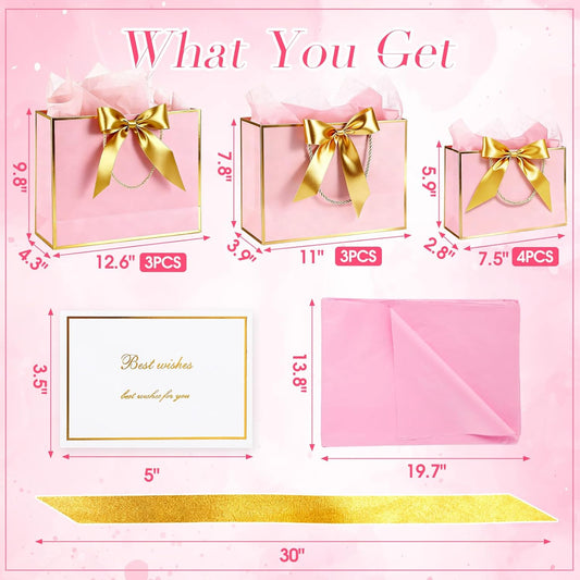 10 Set Pink Gift Bags Assorted Sizes with Ribbon Greeting Card Tissue Paper (3 Large 12.6", 3 Medium 11", 4 Small 7.5") Luxury Paper Gift Bags for Women Wedding Birthday Anniversary Graduation